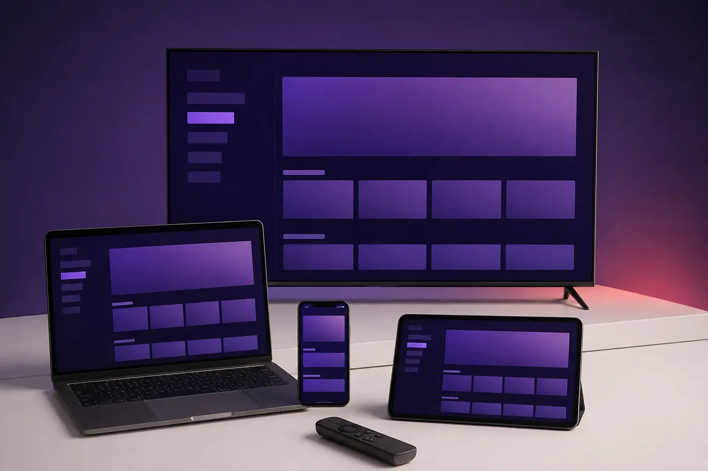 Television, laptop, tablet, phone and remote displaying a Kensat-style interface