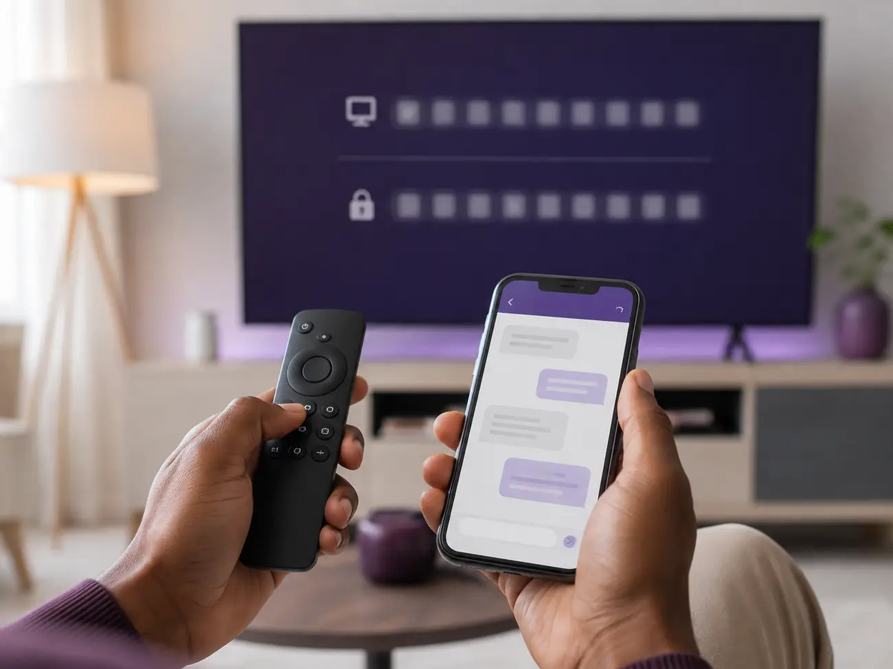 A customer receiving guided television setup help using a phone and remote